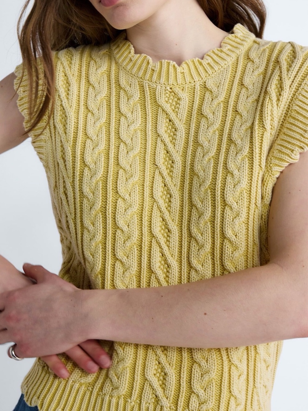 Cable Knit Short Sleeve Sweater - Yellow